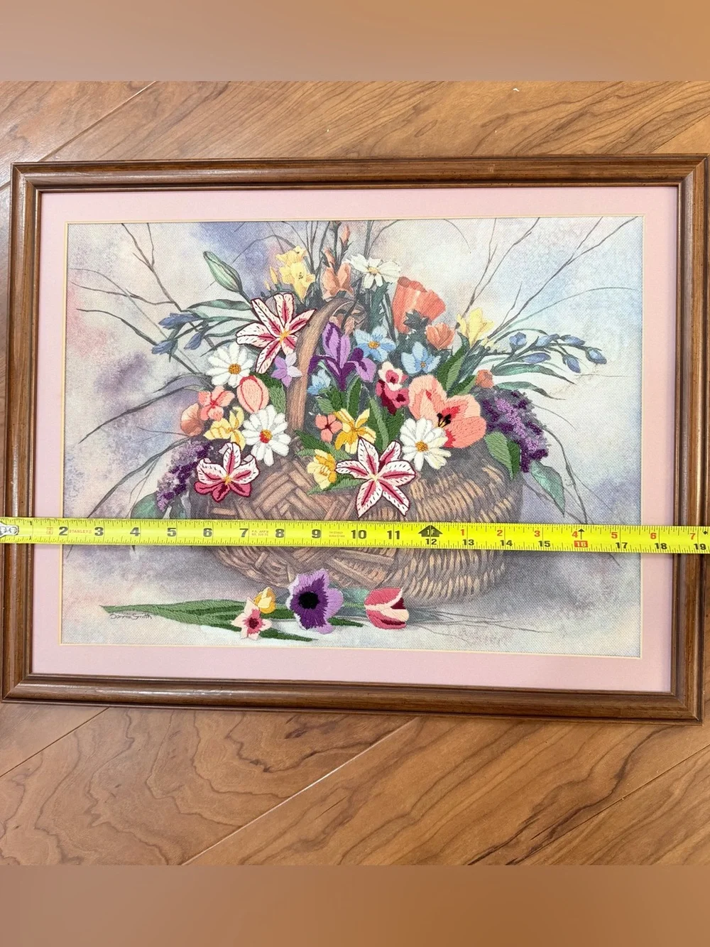 Vintage Crewel 3D Embroidery Wicker Basket Garden Floral Flowers MCM Framed